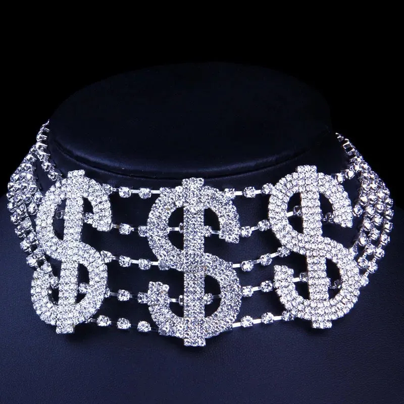 Money dollar sign rhinestone bling statement choker necklace