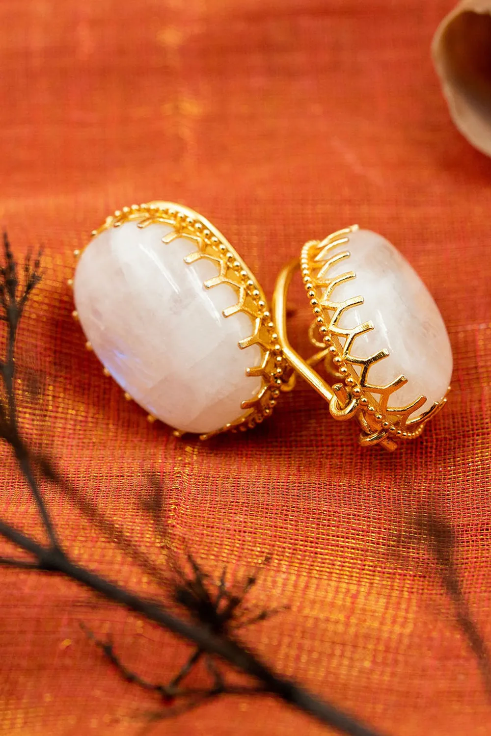 Moonstone Gold Finish Stud Earrings In Sterling Silver