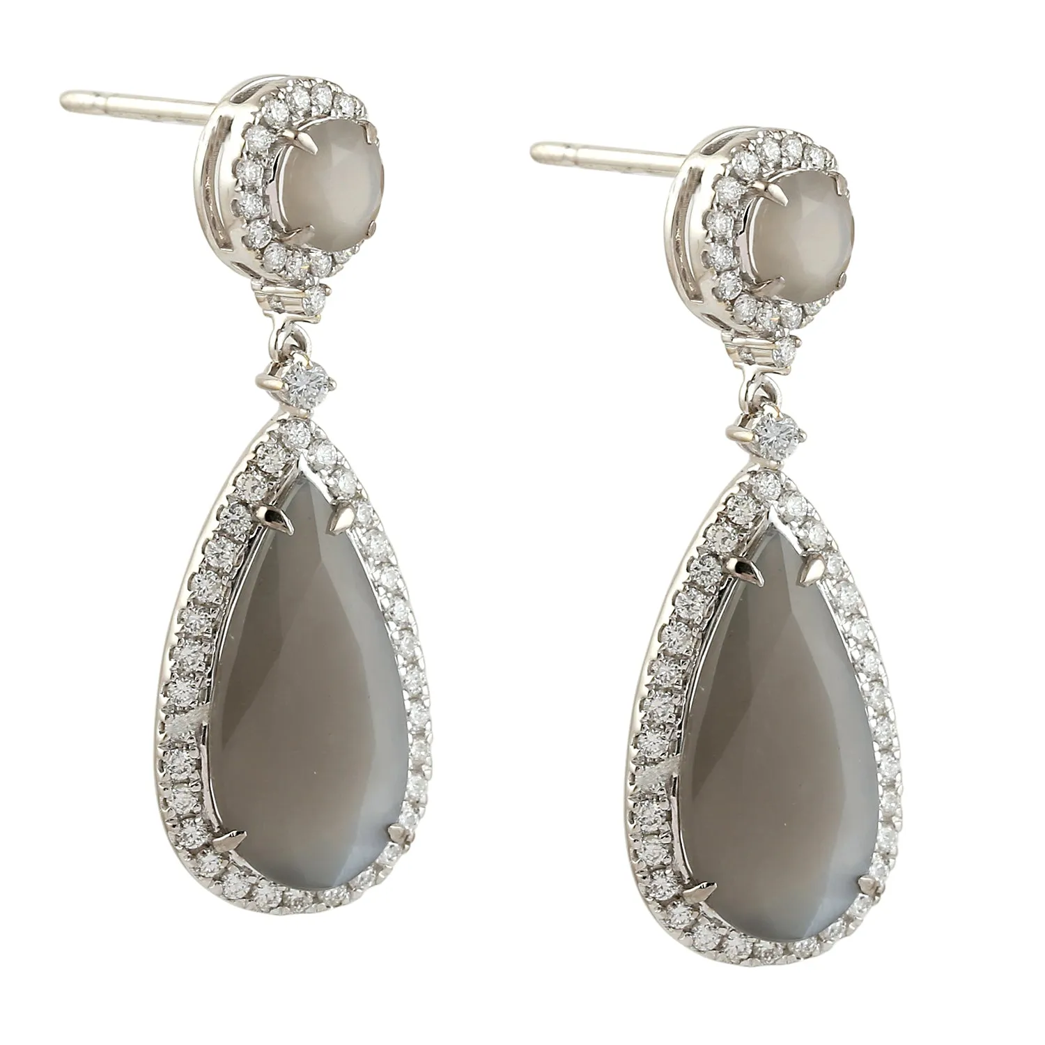 Moonstone Pave Diamond Tear Drop Dangle Earrings In 18k White Gold