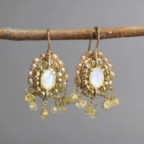 Moonstone Pearl Citrine Cherkes Earrings