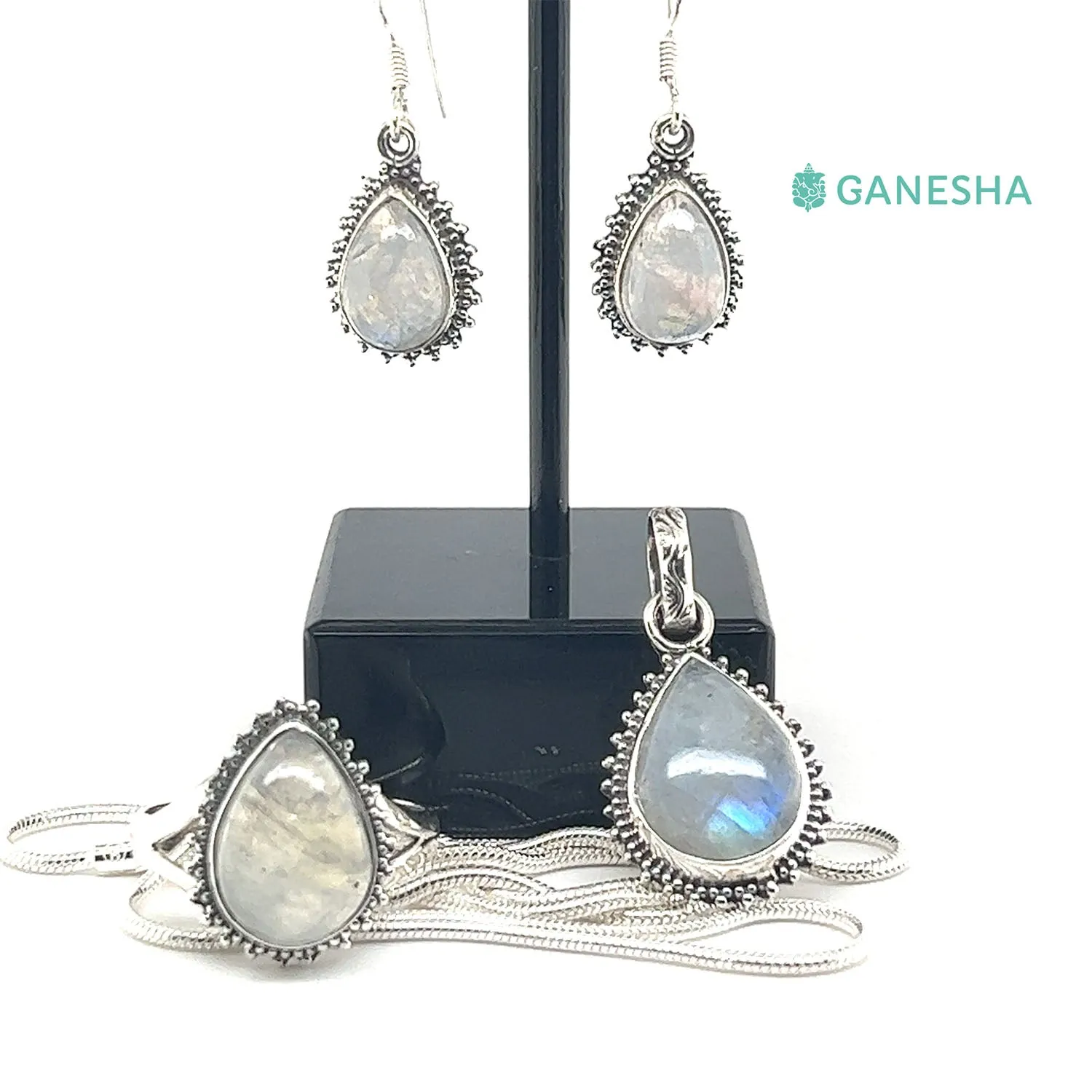 Moonstone Tear Drop (925) Sterling Silver Jewellery Gift Set With Free Chain