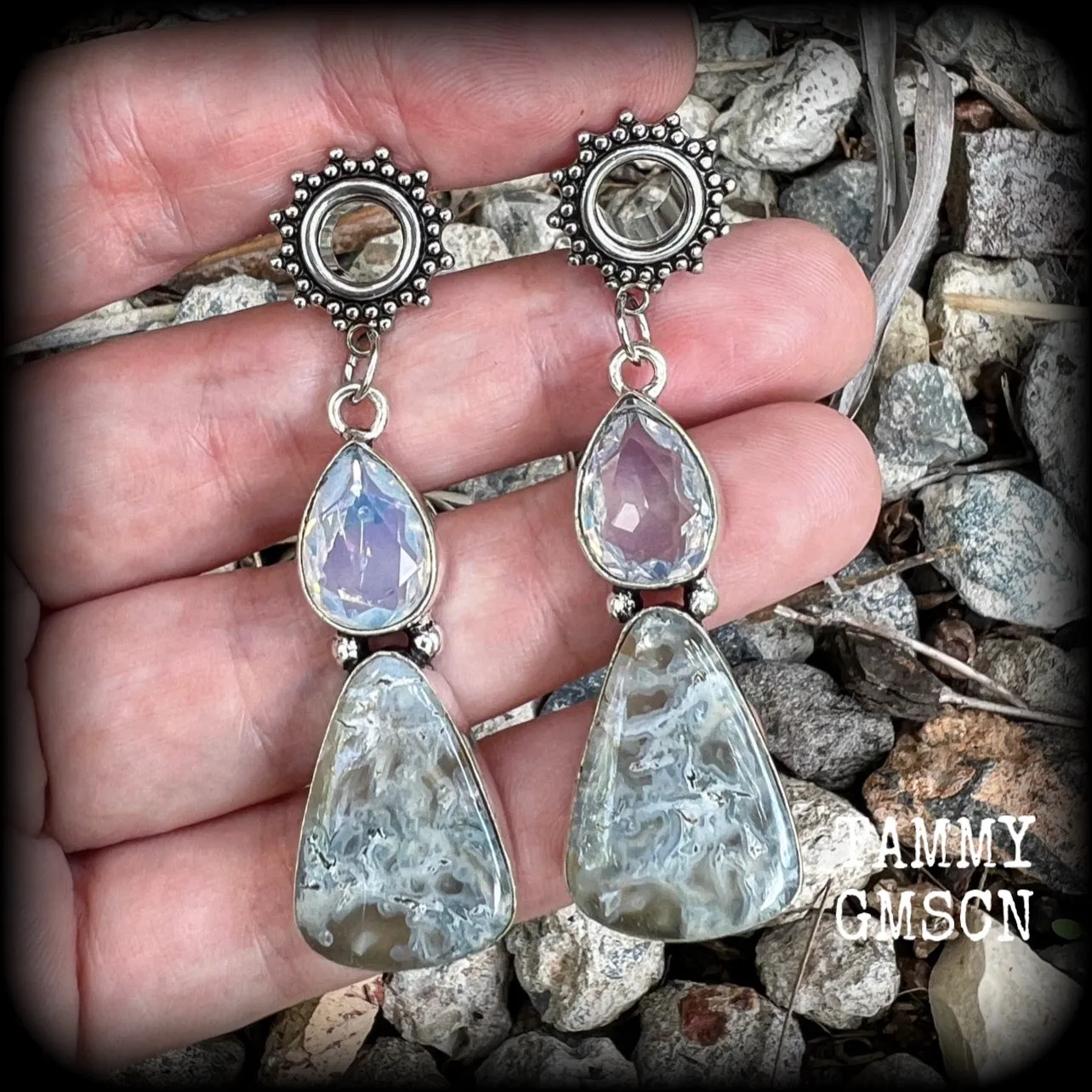 Moss agate and moonstone tunnel dangles