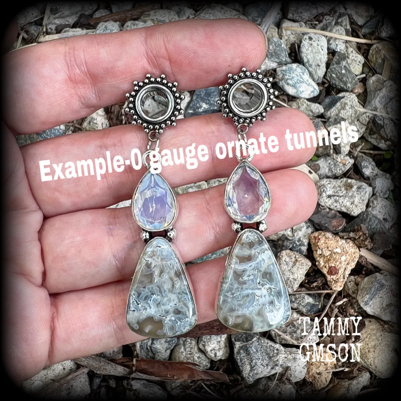 Moss agate and moonstone tunnel dangles