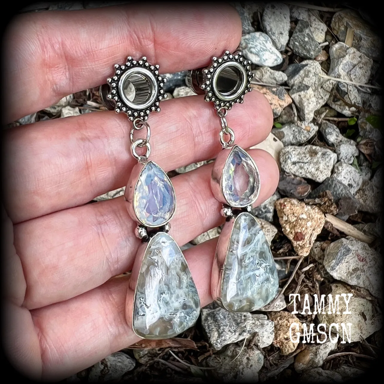 Moss agate and moonstone tunnel dangles