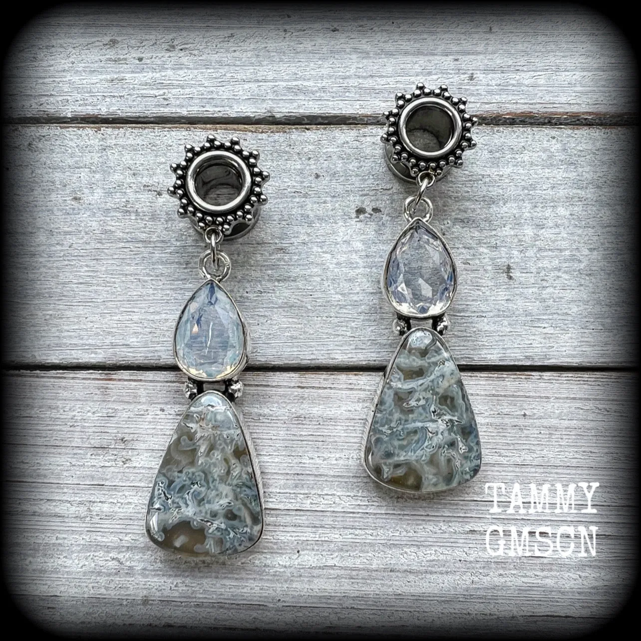 Moss agate and moonstone tunnel dangles