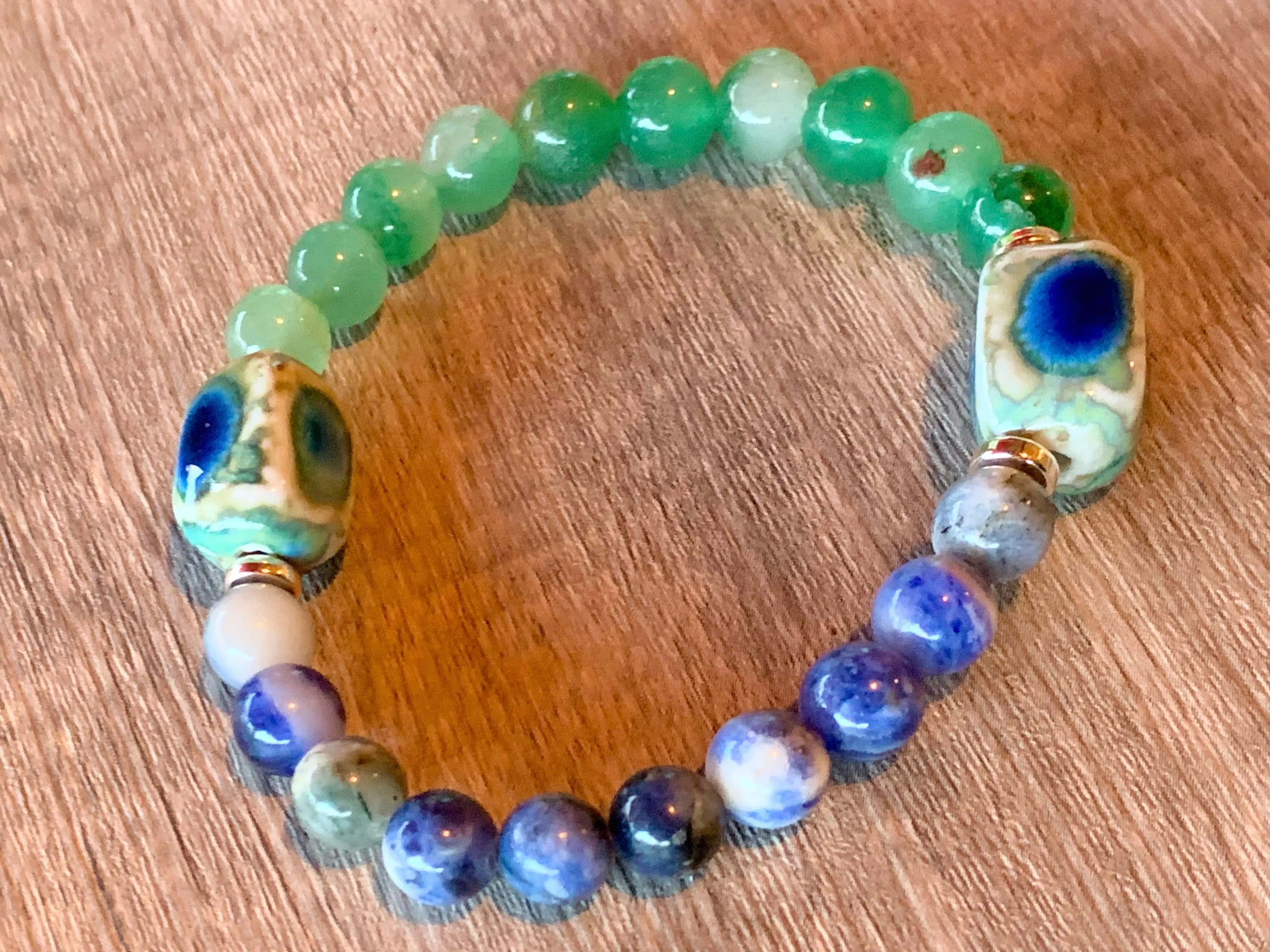 Moss Handmade Green Jade, Sodalite and Ceramic Expandable Bracelet