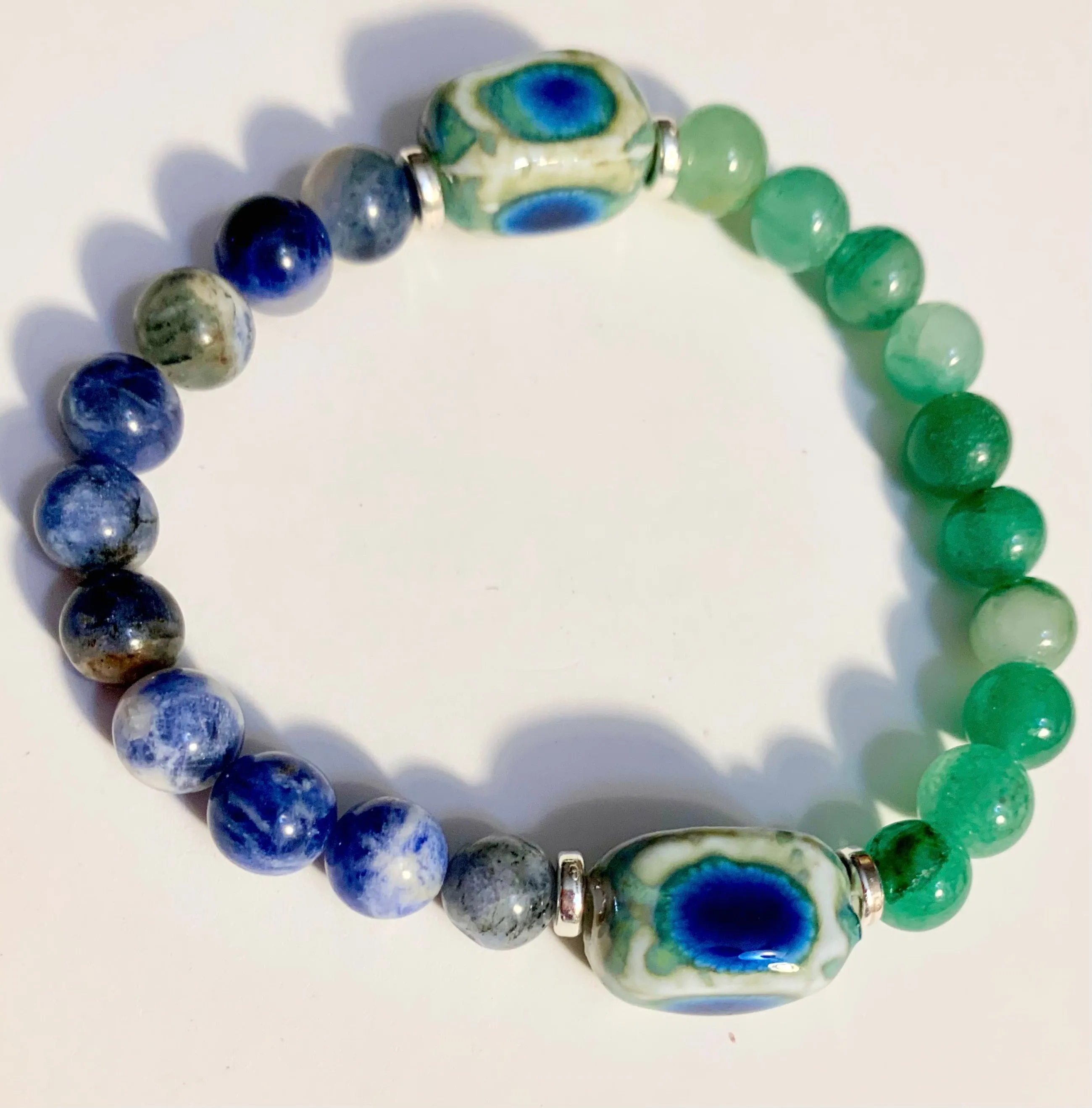 Moss Handmade Green Jade, Sodalite and Ceramic Expandable Bracelet