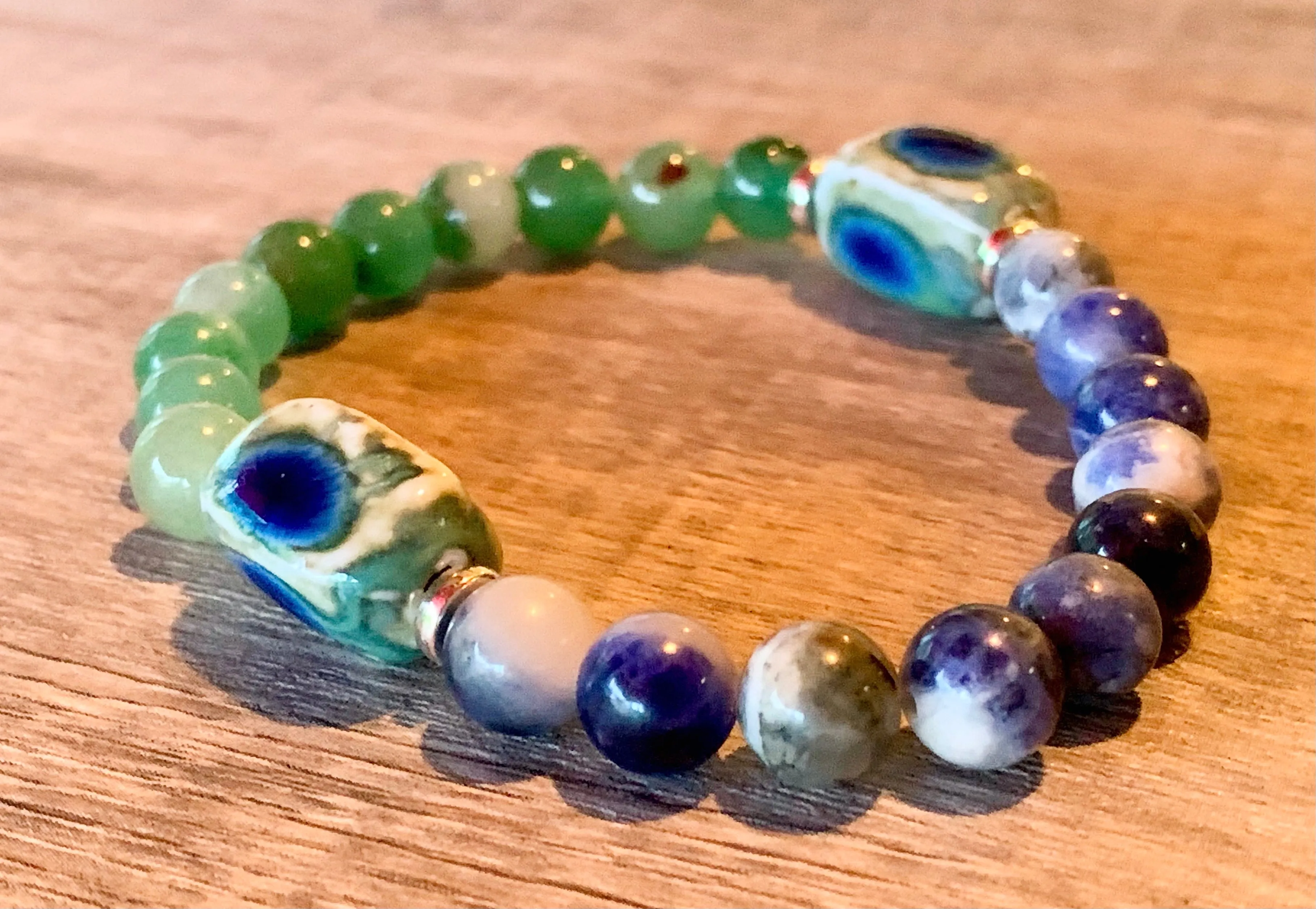 Moss Handmade Green Jade, Sodalite and Ceramic Expandable Bracelet