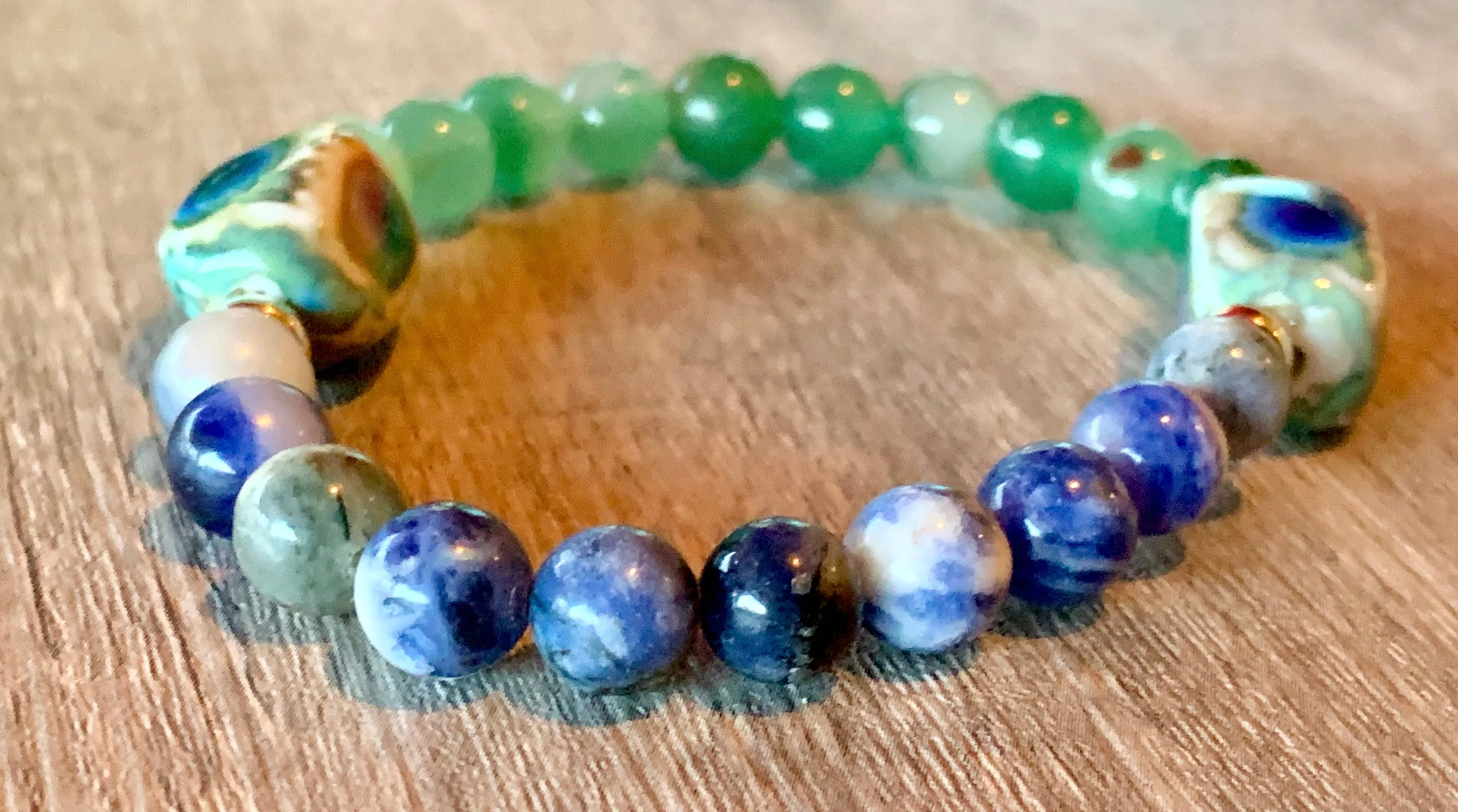 Moss Handmade Green Jade, Sodalite and Ceramic Expandable Bracelet