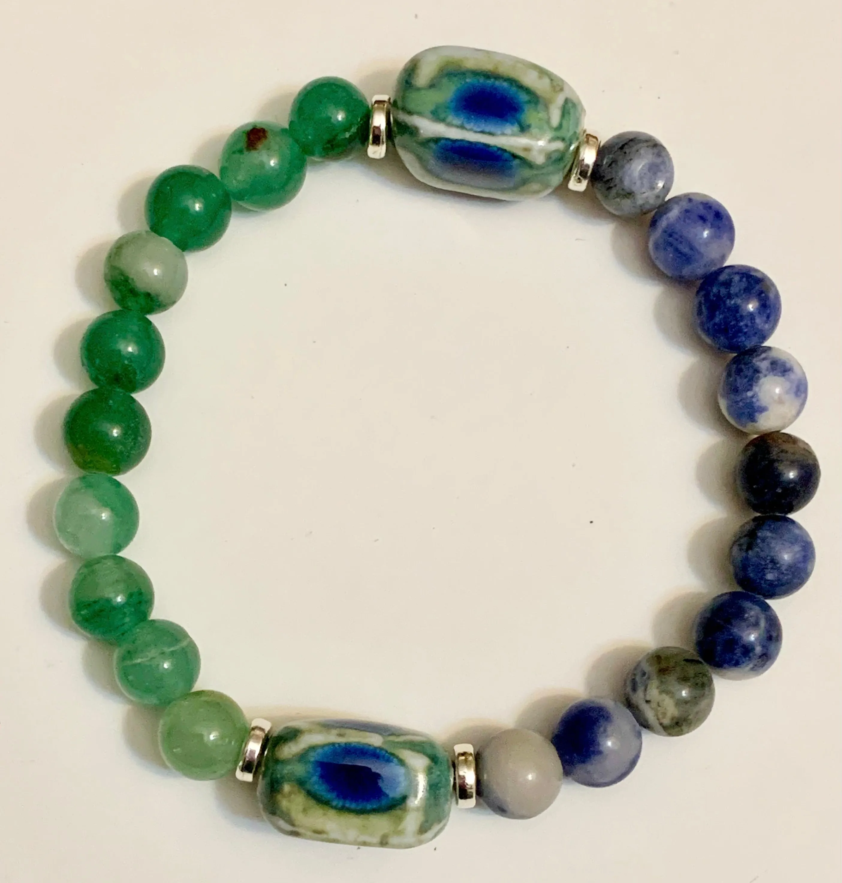 Moss Handmade Green Jade, Sodalite and Ceramic Expandable Bracelet