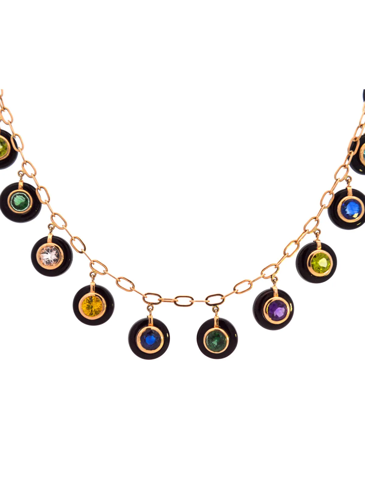 Multi Color Sapphire Onyx 14K Gold Station Drop Necklace