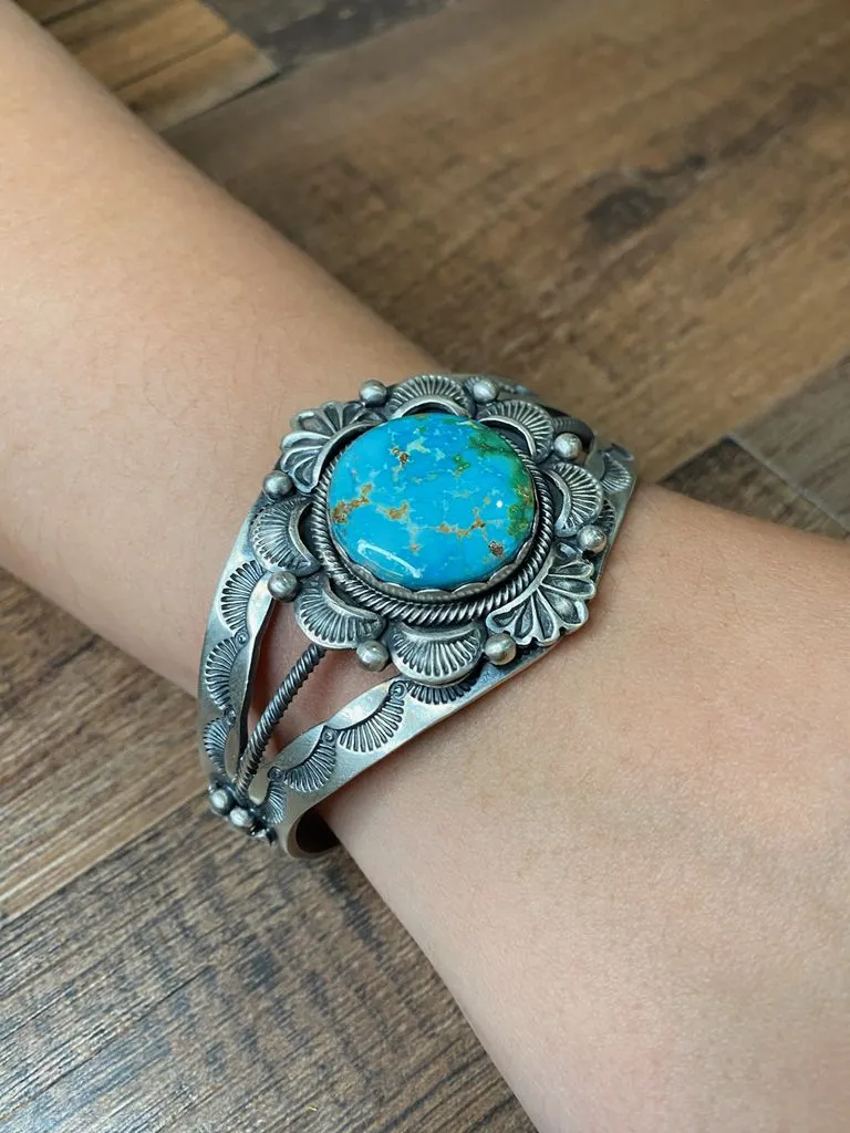 Native American Sonoran Gold Turquoise Sterling Silver Cuff Bracelet