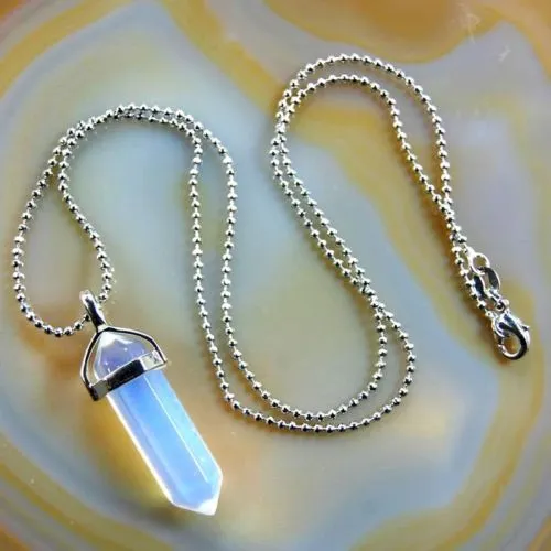 Natural Gemstone Hexagonal Point Reiki Chakra Pendant   18K Silver Chain Necklace