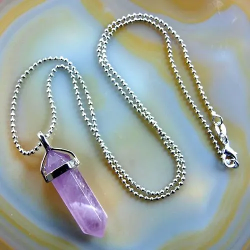 Natural Gemstone Hexagonal Point Reiki Chakra Pendant   18K Silver Chain Necklace