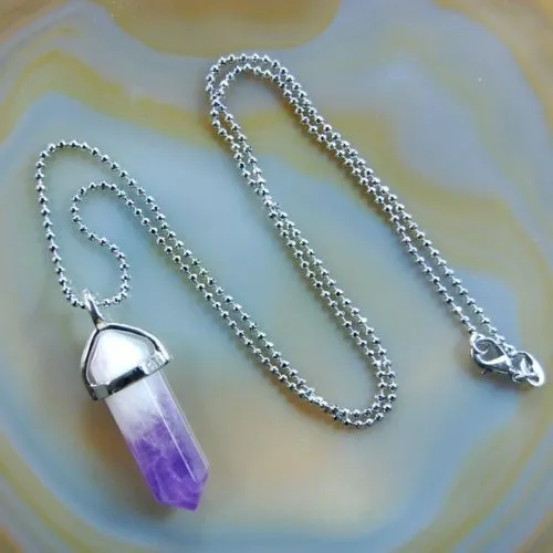 Natural Gemstone Hexagonal Point Reiki Chakra Pendant   18K Silver Chain Necklace