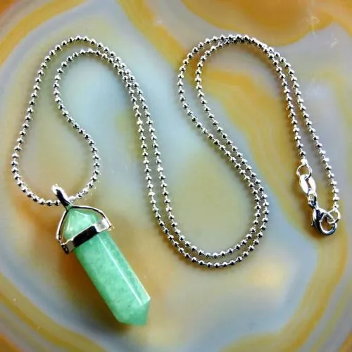 Natural Gemstone Hexagonal Point Reiki Chakra Pendant   18K Silver Chain Necklace