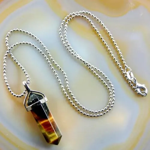 Natural Gemstone Hexagonal Point Reiki Chakra Pendant   18K Silver Chain Necklace