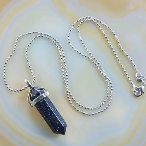 Natural Gemstone Hexagonal Point Reiki Chakra Pendant   18K Silver Chain Necklace