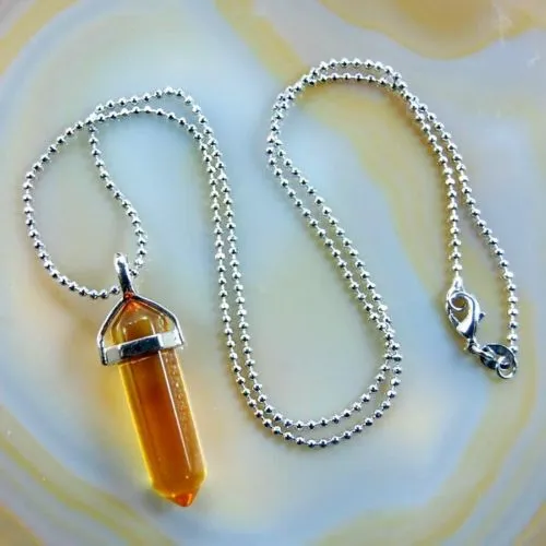 Natural Gemstone Hexagonal Point Reiki Chakra Pendant   18K Silver Chain Necklace