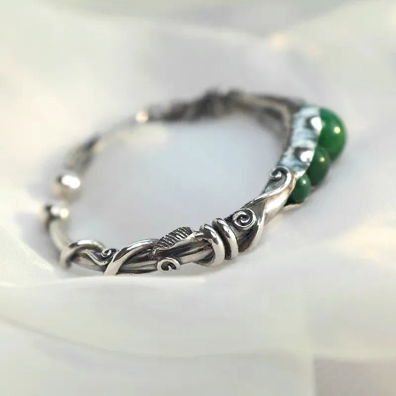 Natural Inspired Handmade 999 Solid Silver Pea Pod Bangle Bracelet with Inlaid Jade