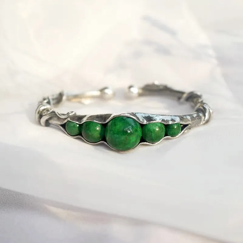 Natural Inspired Handmade 999 Solid Silver Pea Pod Bangle Bracelet with Inlaid Jade