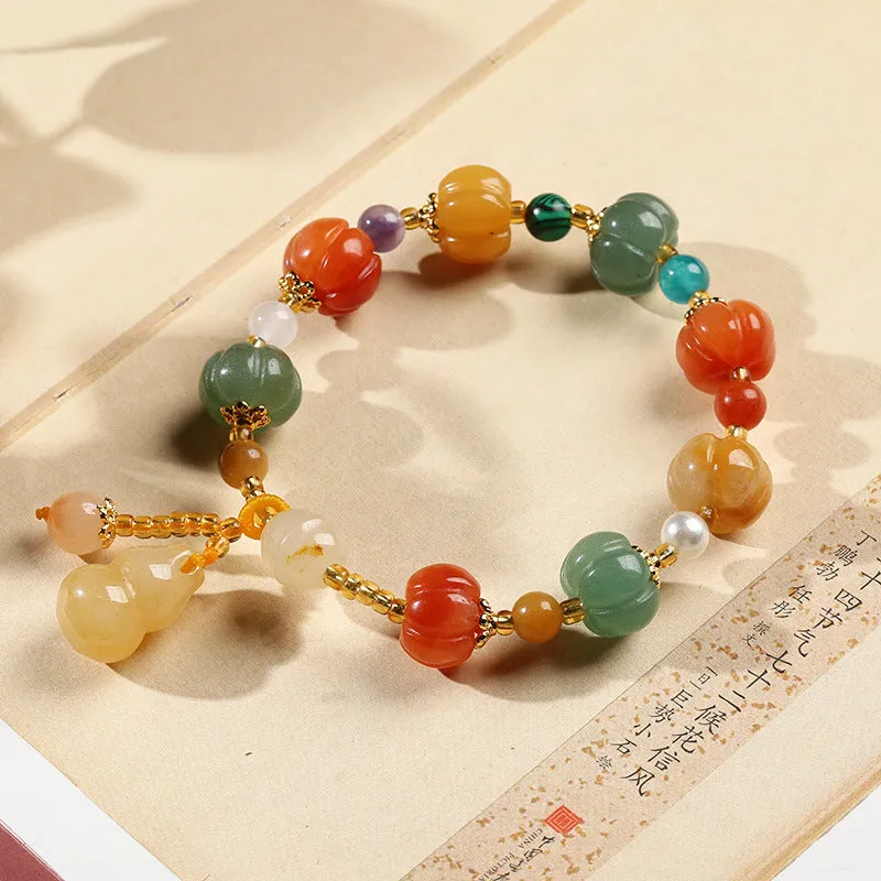 Natural Jade Carved Pumpkin Bead Lucky Feng Shui Bracelet