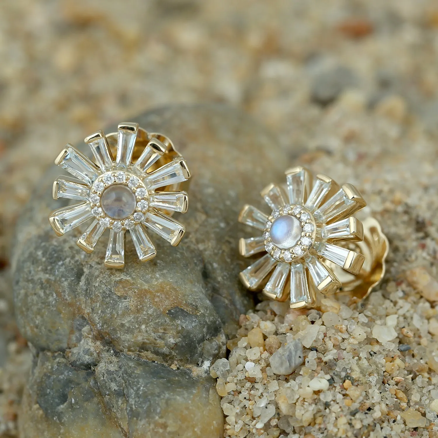 Natural Moonstone, Tapered Baguette Topaz & Diamond Sun Burst 18k Yellow Gold Stud Earrings