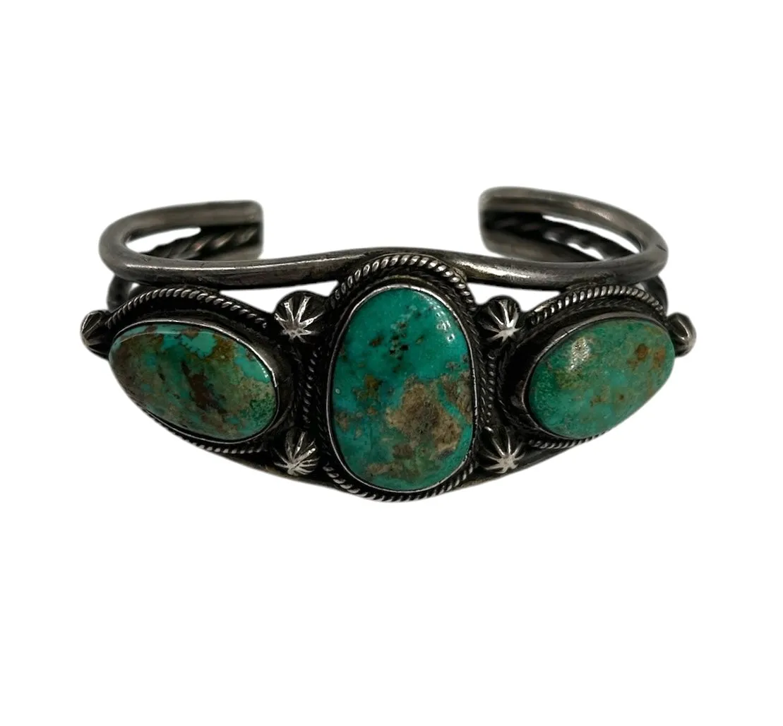 Navajo Three Stone Turquoise Cuff with Starburst Points