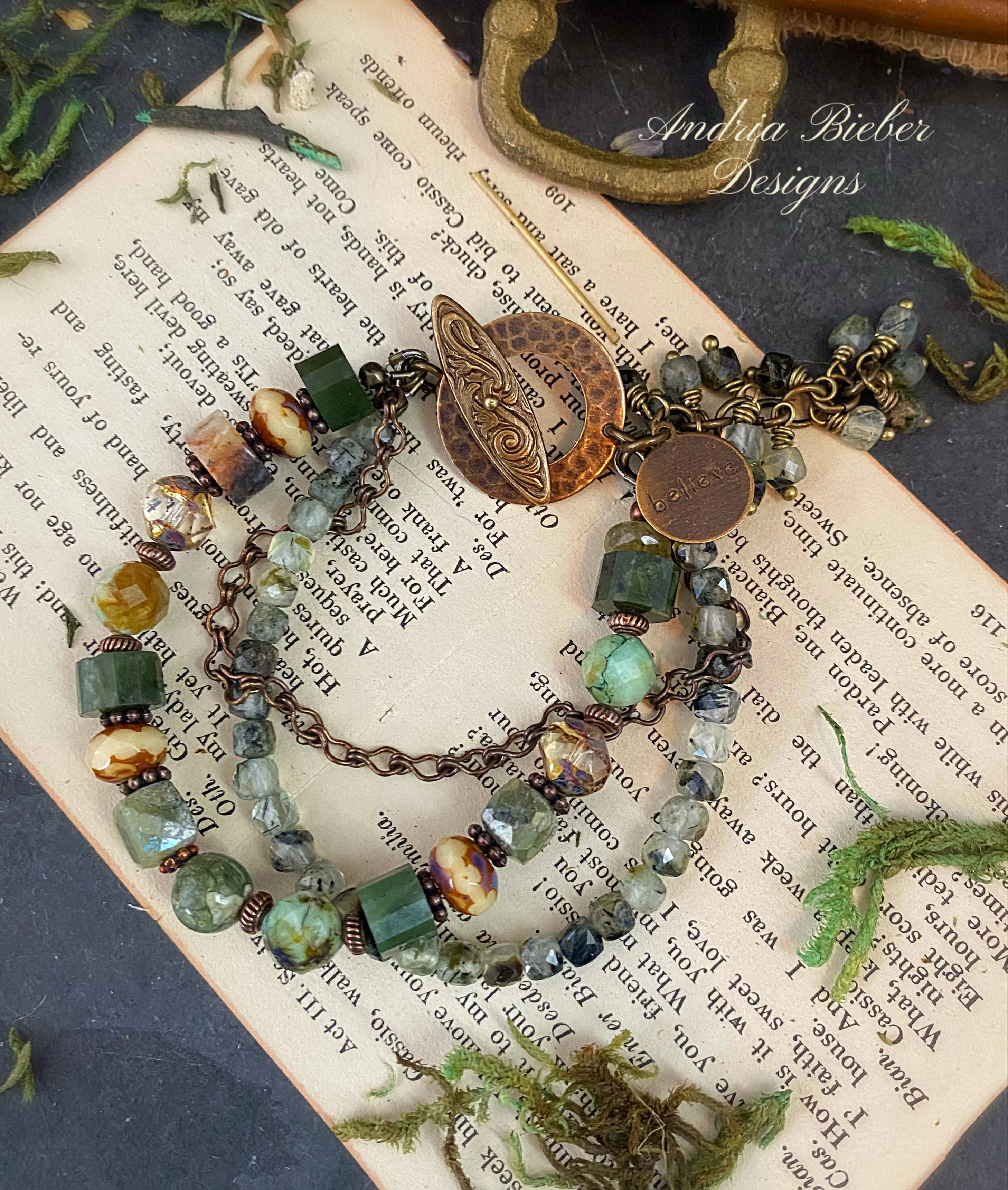 Nephrite jade stone, Czech glass, azurite, prehnite, amazonite, bronze metal, bracelet.