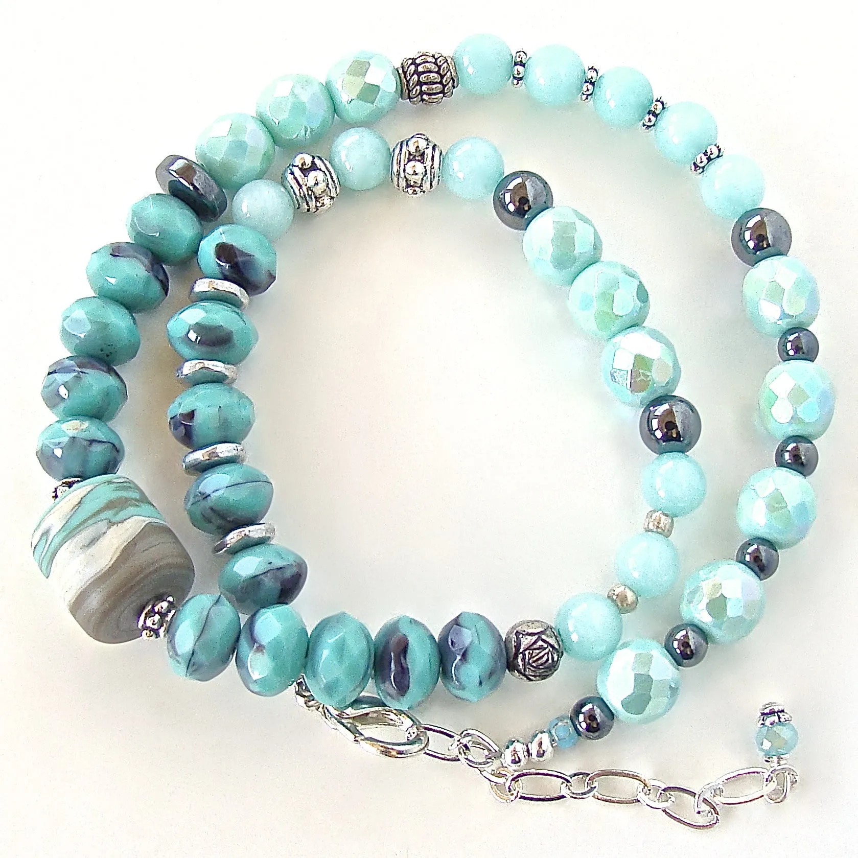 Nevis: Beaded Wrap Bracelet in Aqua and Purple