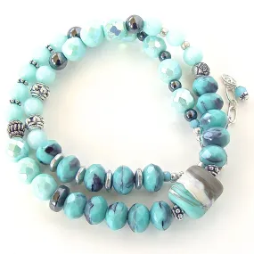 Nevis: Beaded Wrap Bracelet in Aqua and Purple