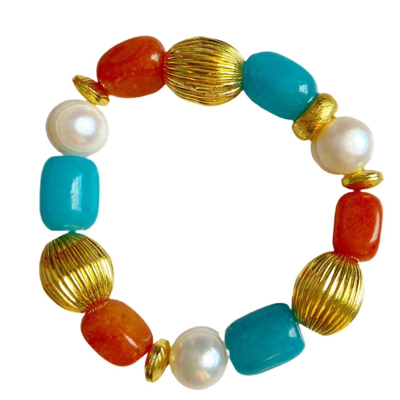 Orange Carnelian and Sea Blue Jade Gemstones Gold Beaded Bracelet