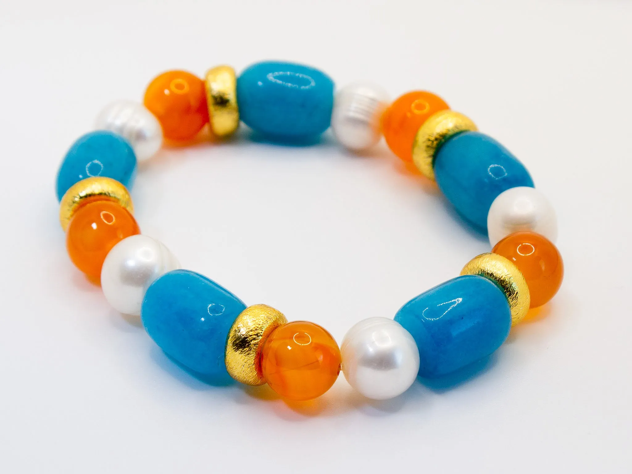 Orange Carnelian and Sea Blue Jade Gemstones Gold Beaded Bracelet