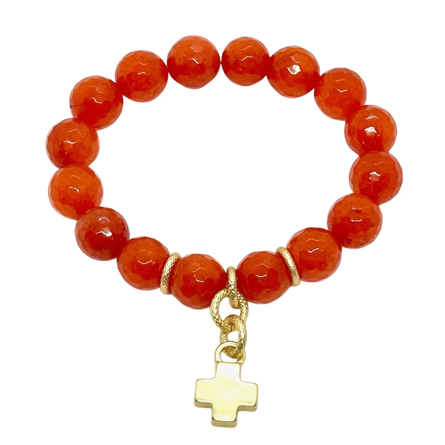 Orange Jade Stretch Bracelet With Matte Gold Cross Charm