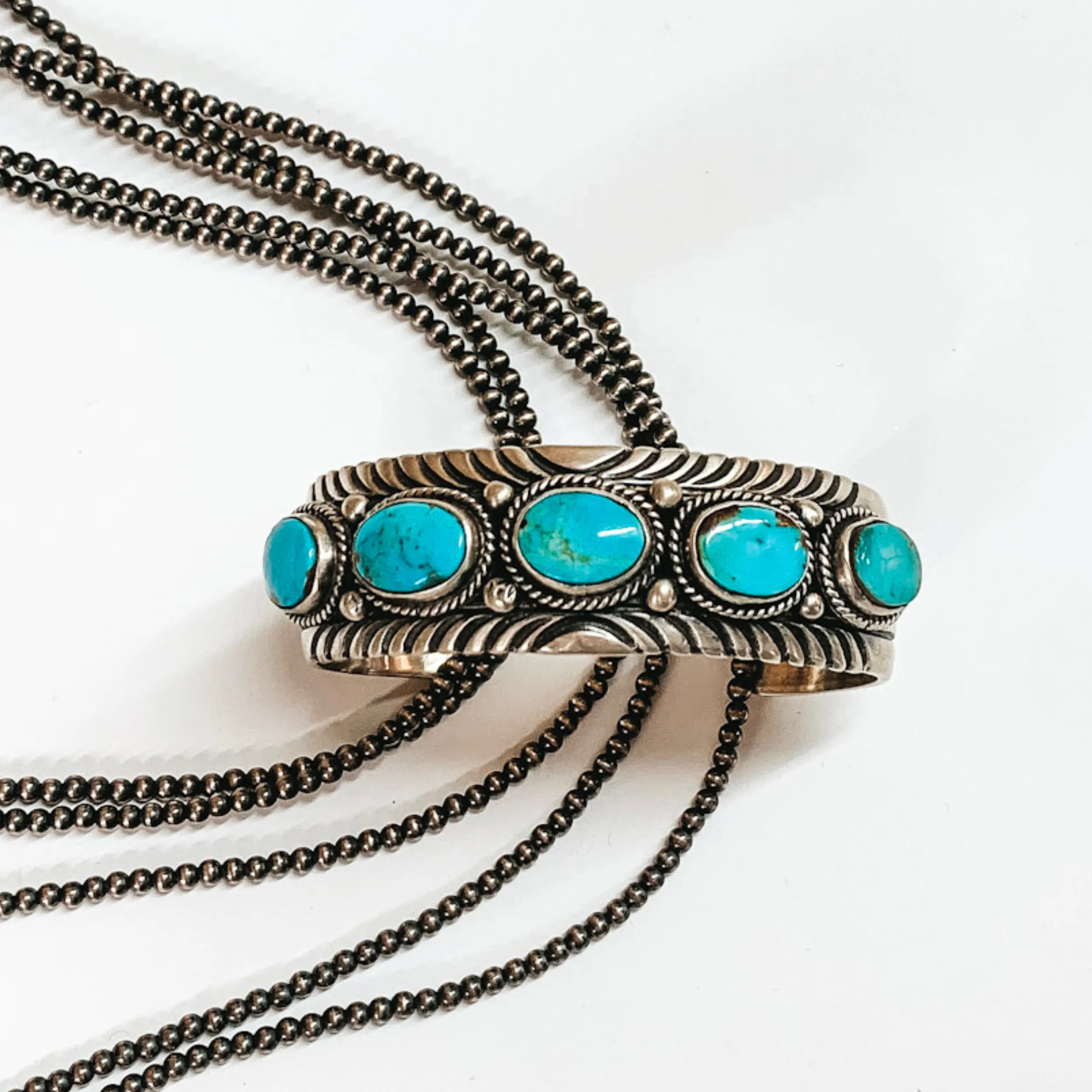 P Yazzie | Navajo Handmade Sterling Silver Cuff with 5 Turquoise Oval Stones