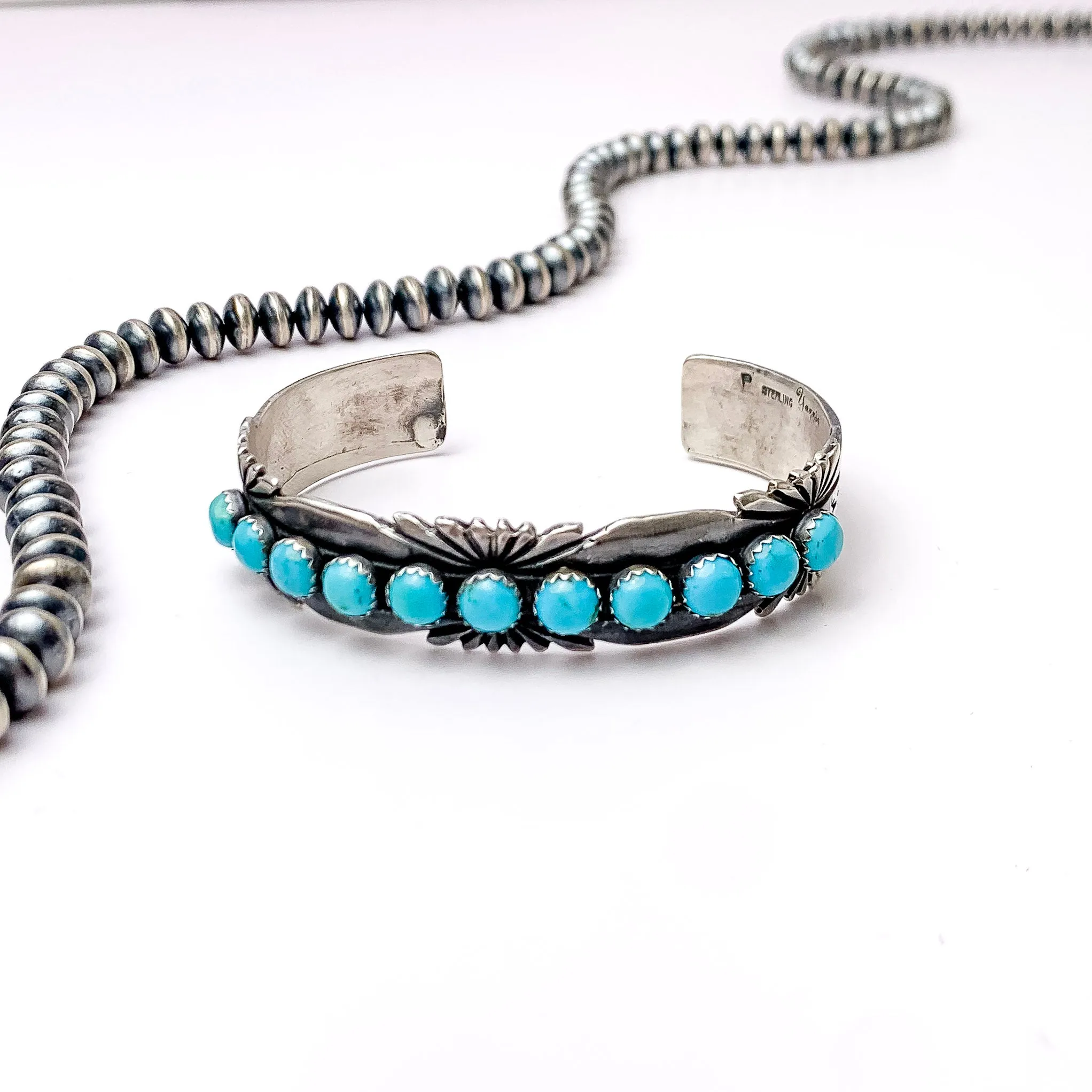 P Yazzie | Navajo Handmade Sterling Silver Cuff With Eleven Small Turquoise Stones