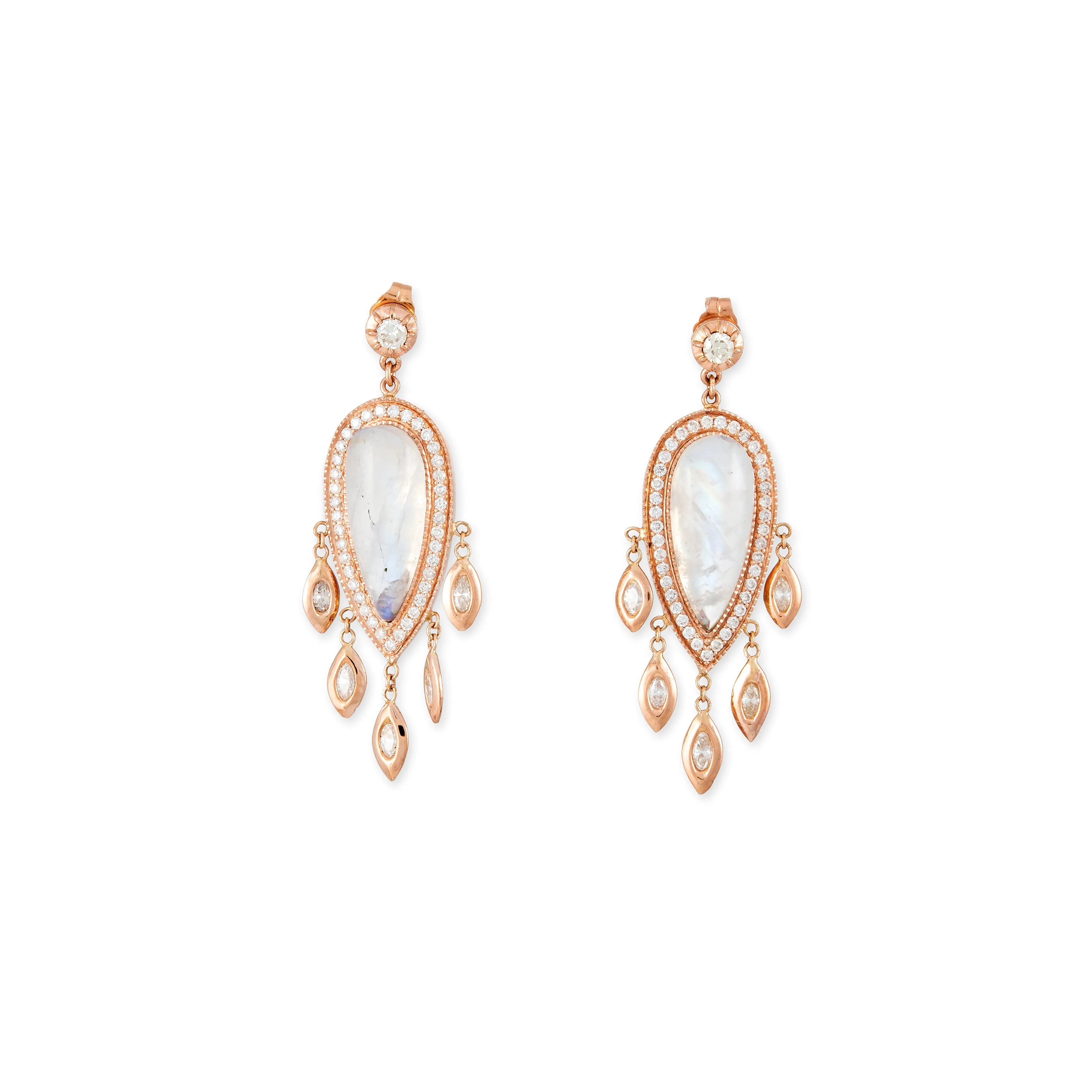 PAVE MOONSTONE TEARDROP   MARQUISE DIAMOND SHAKERS DROP EARRINGS