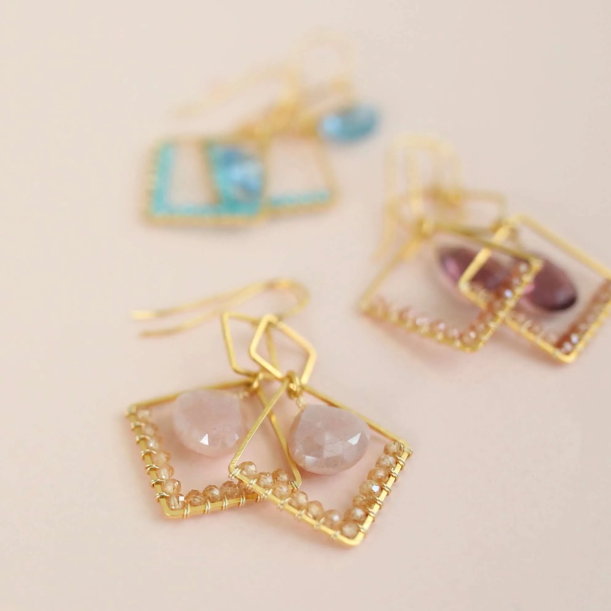 Peach Moonstone Triangle Earrings