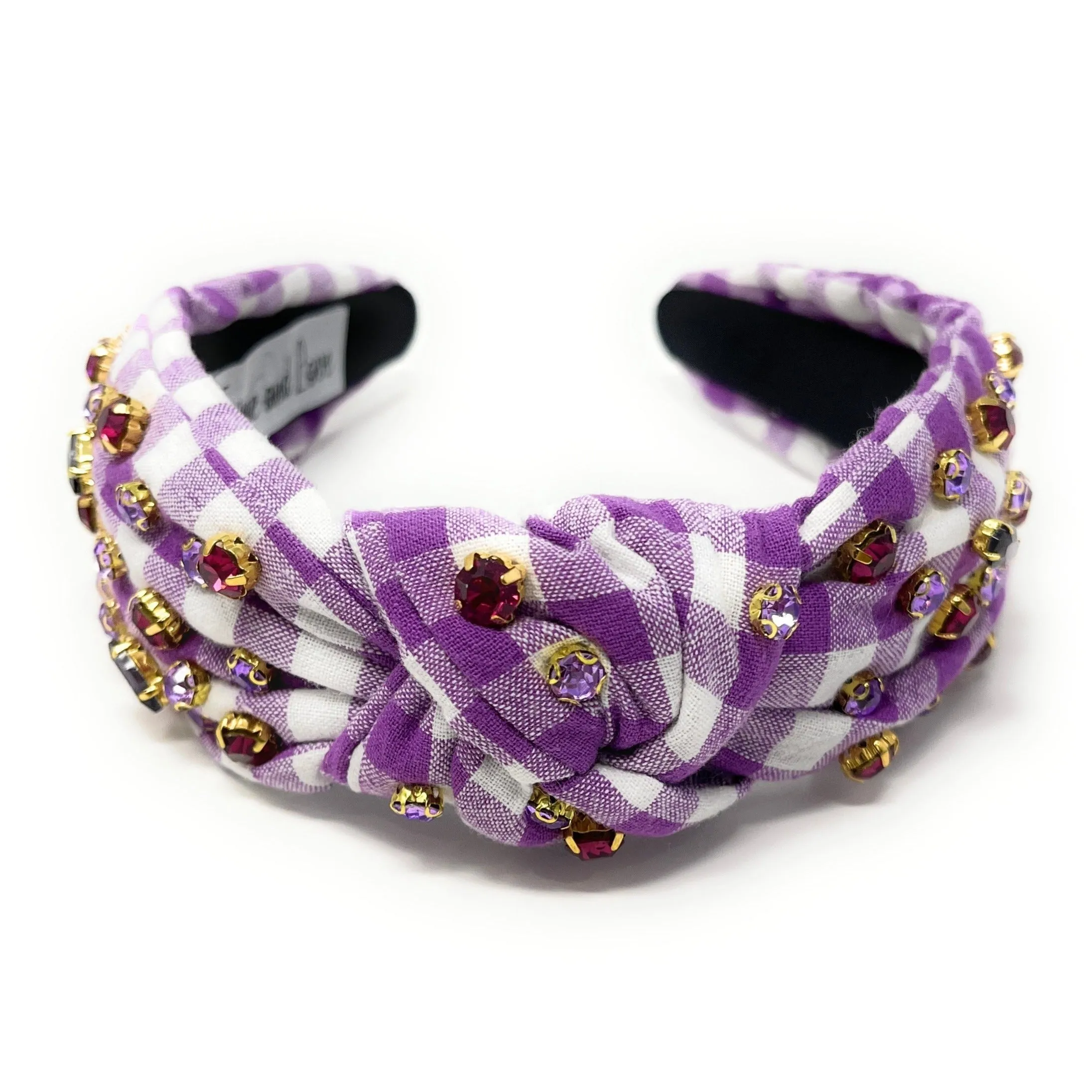 Purple Gingham Jeweled Knot Headband