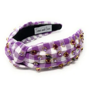 Purple Gingham Jeweled Knot Headband