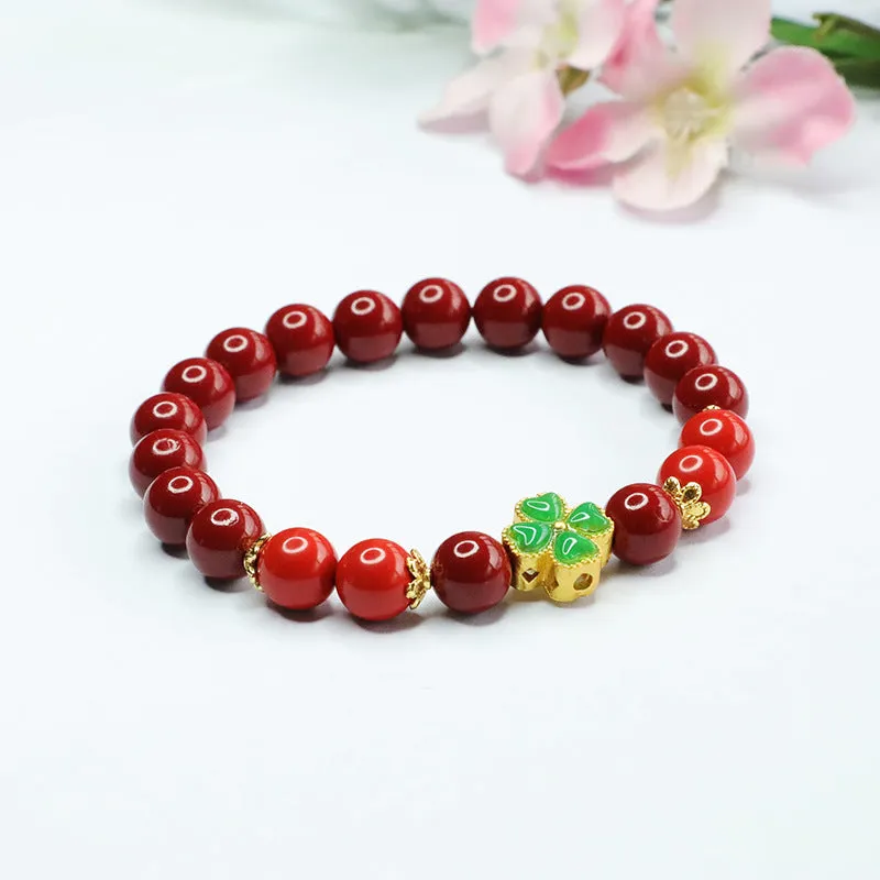 Purple Gold Sand Bracelet with Cinnabar Stone and Four-leaf Clover Jade, Inspired by Palace Aesthetics