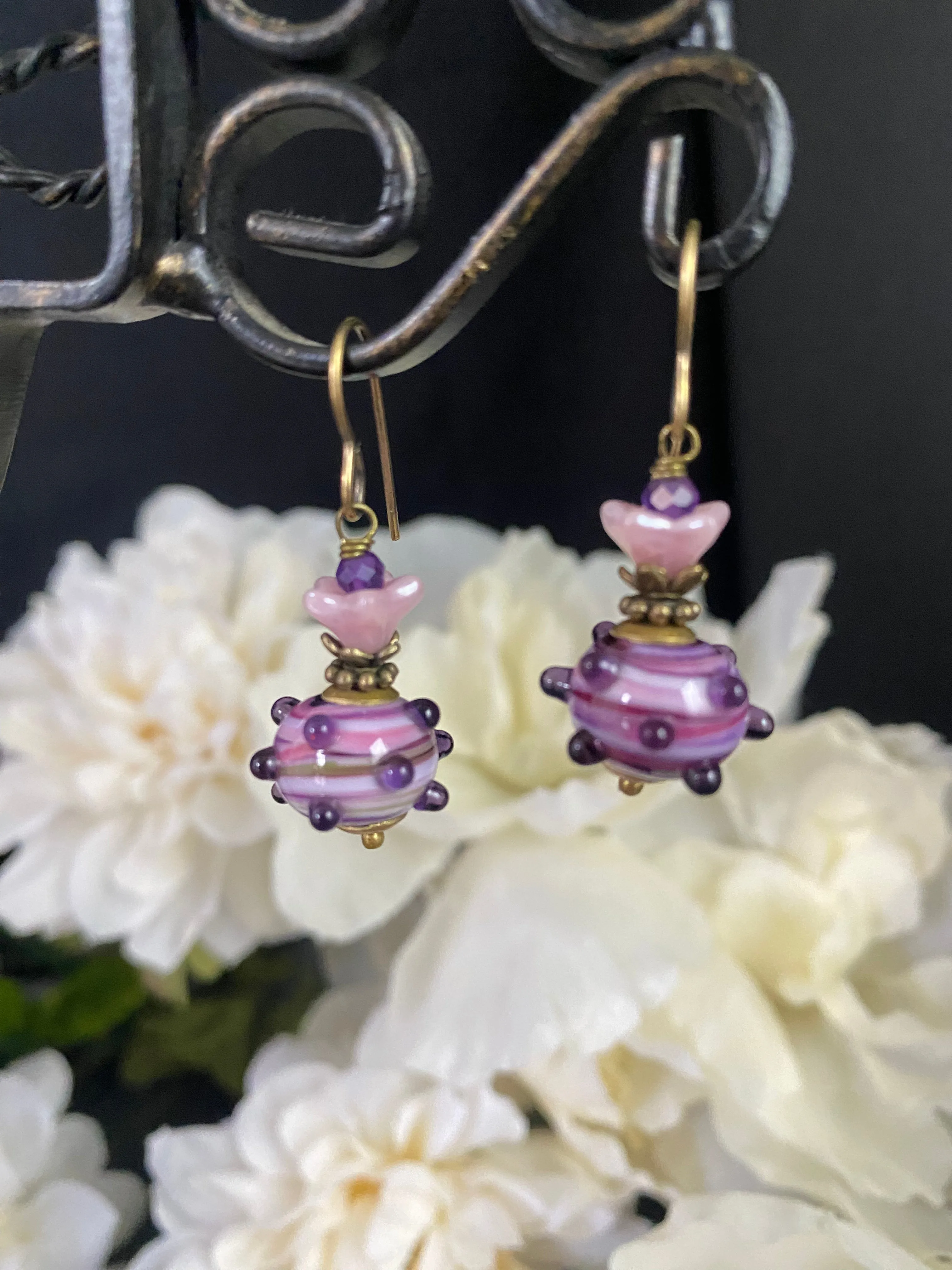 Purple, handmade lamp work glass, bronze metal earrings Purple, handmade lamp work glass, pink czech glass flowers, bronze metal