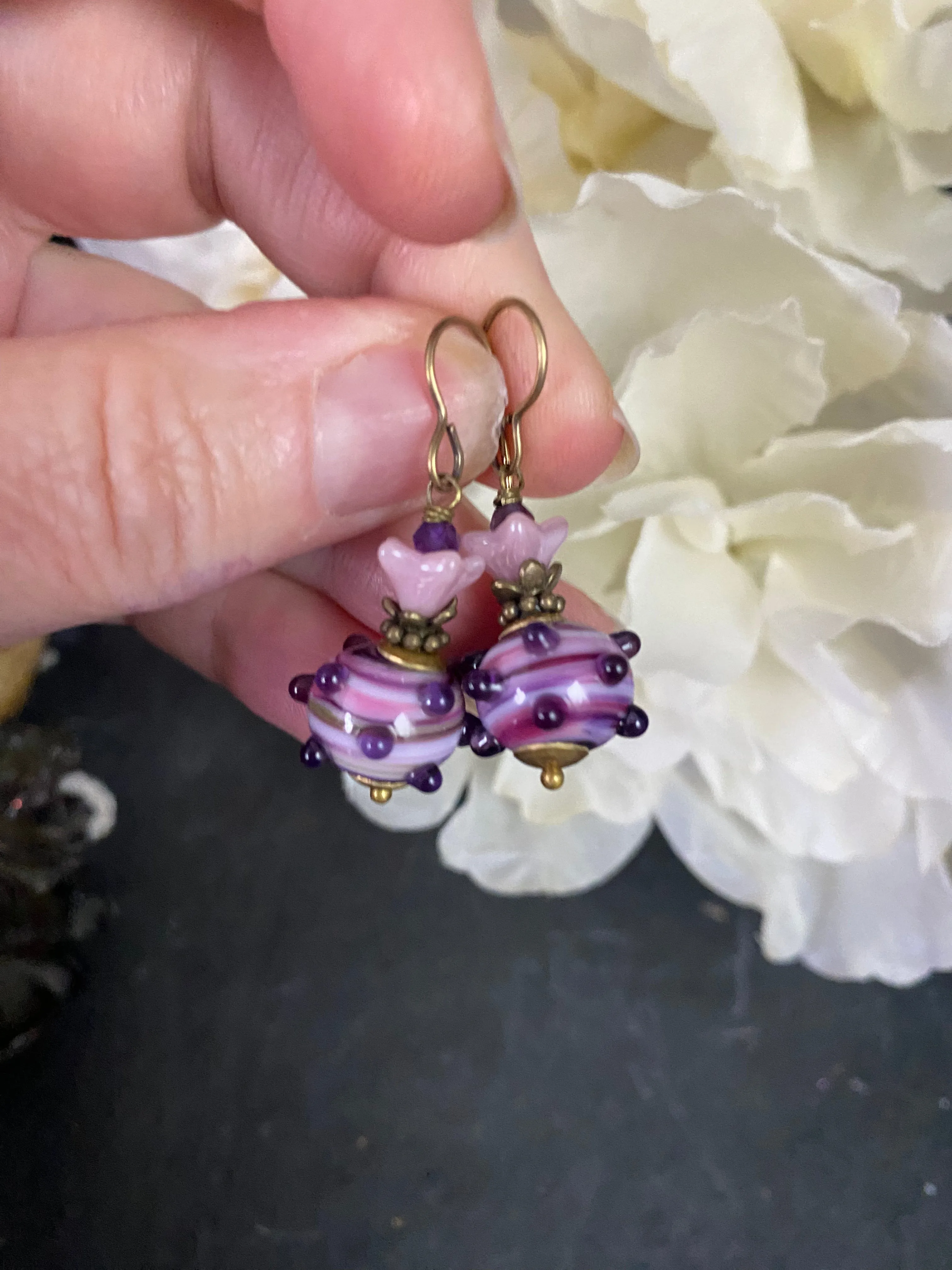 Purple, handmade lamp work glass, bronze metal earrings Purple, handmade lamp work glass, pink czech glass flowers, bronze metal