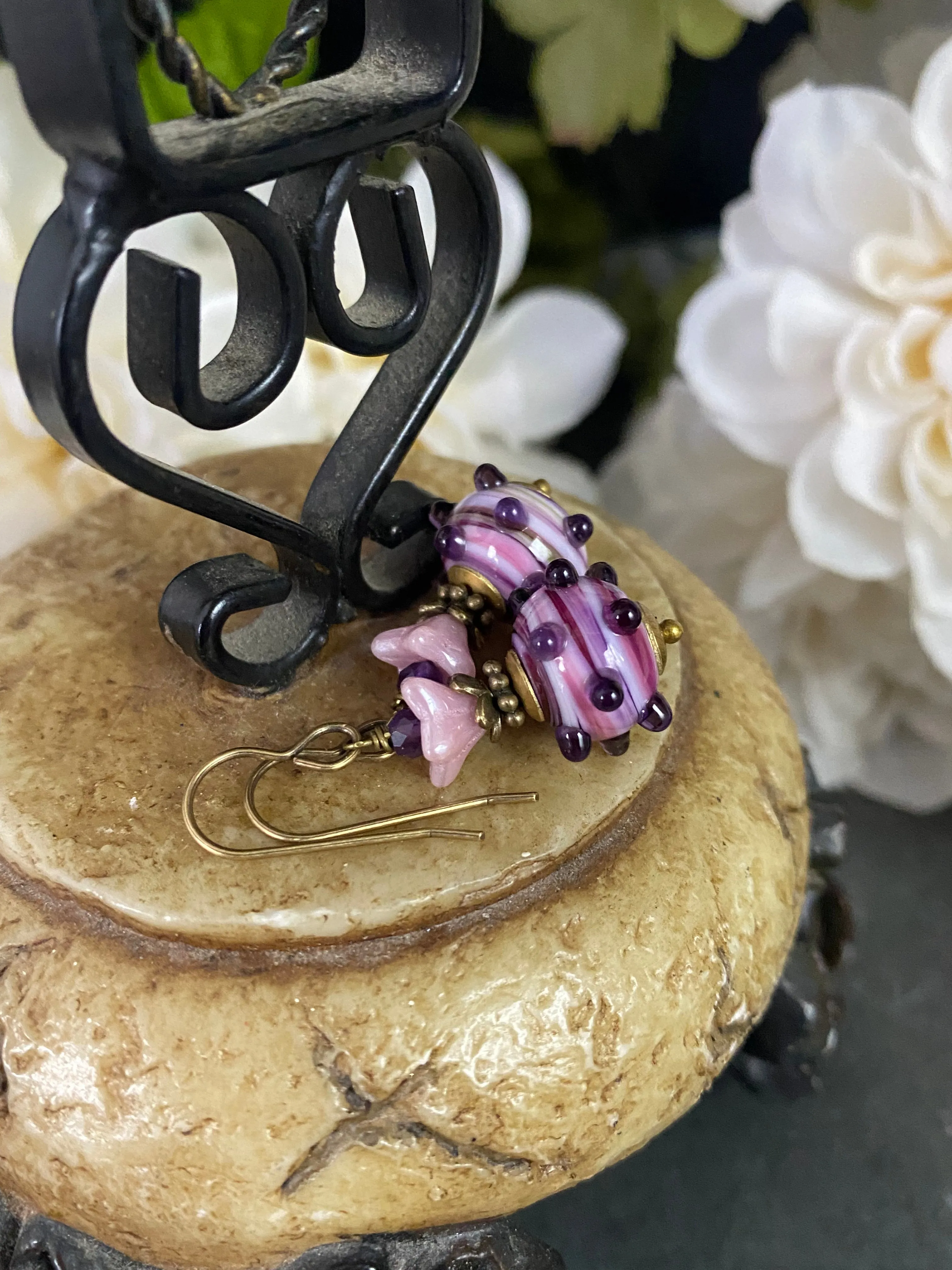 Purple, handmade lamp work glass, bronze metal earrings Purple, handmade lamp work glass, pink czech glass flowers, bronze metal