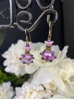 Purple, handmade lamp work glass, bronze metal earrings Purple, handmade lamp work glass, pink czech glass flowers, bronze metal