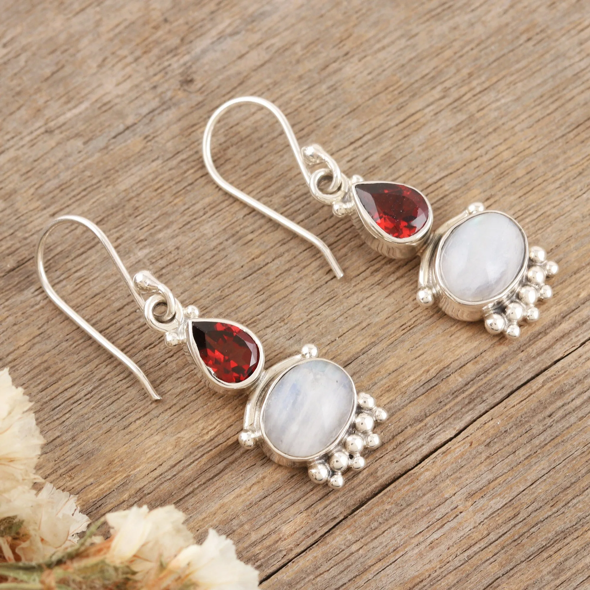 Rainbow Moonstone & Garnet Sterling Silver Dangle Earrings - Dual Love | NOVICA