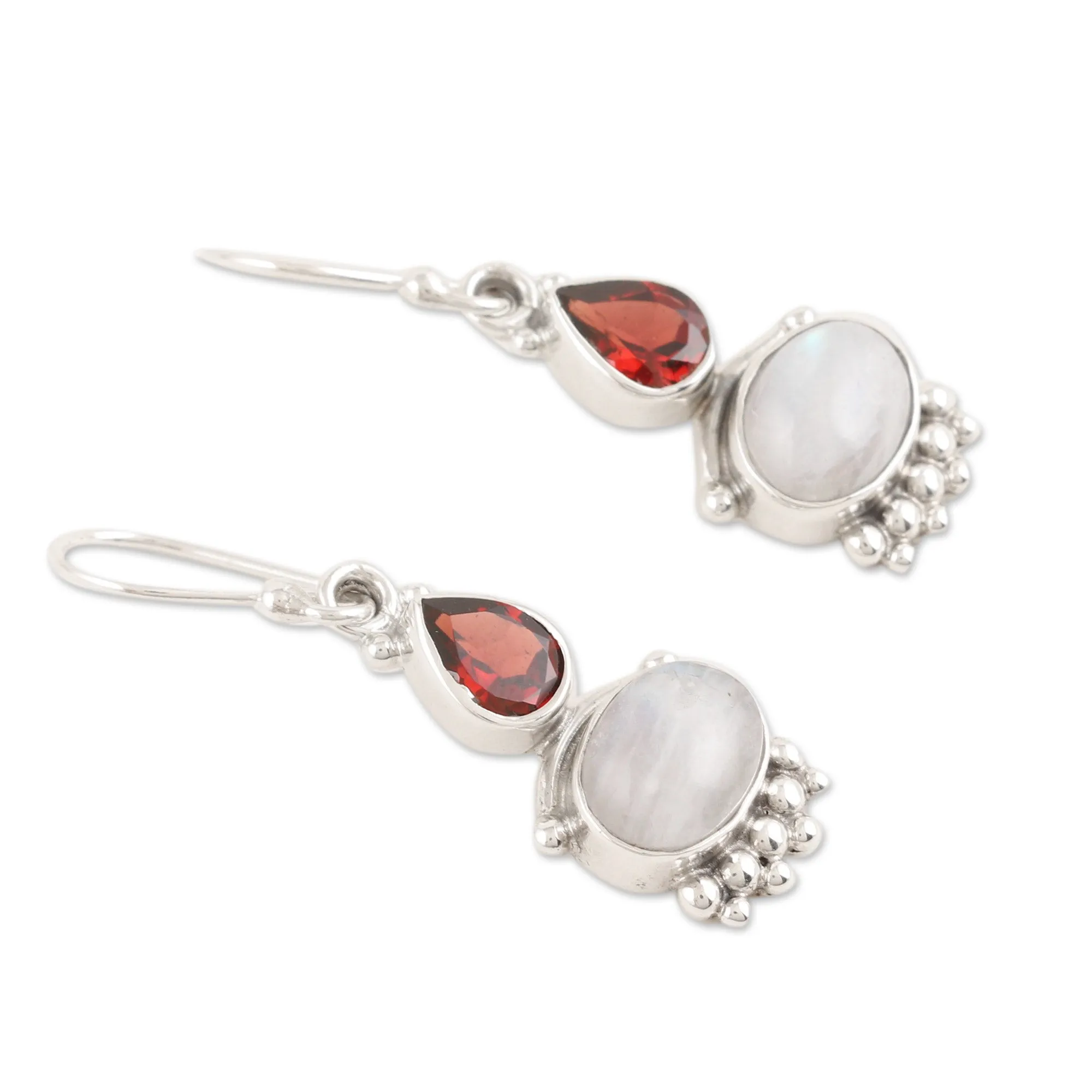 Rainbow Moonstone & Garnet Sterling Silver Dangle Earrings - Dual Love | NOVICA