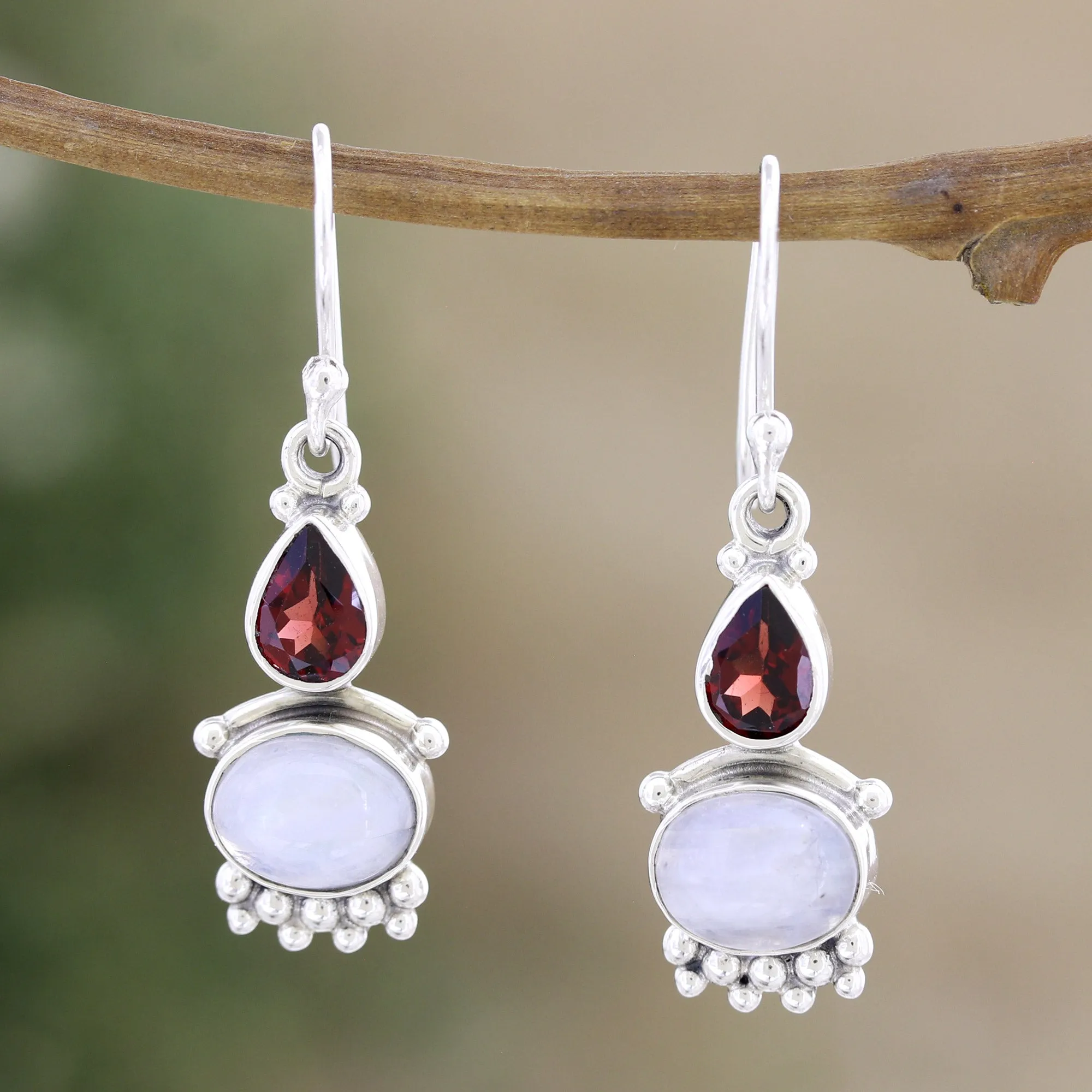 Rainbow Moonstone & Garnet Sterling Silver Dangle Earrings - Dual Love | NOVICA