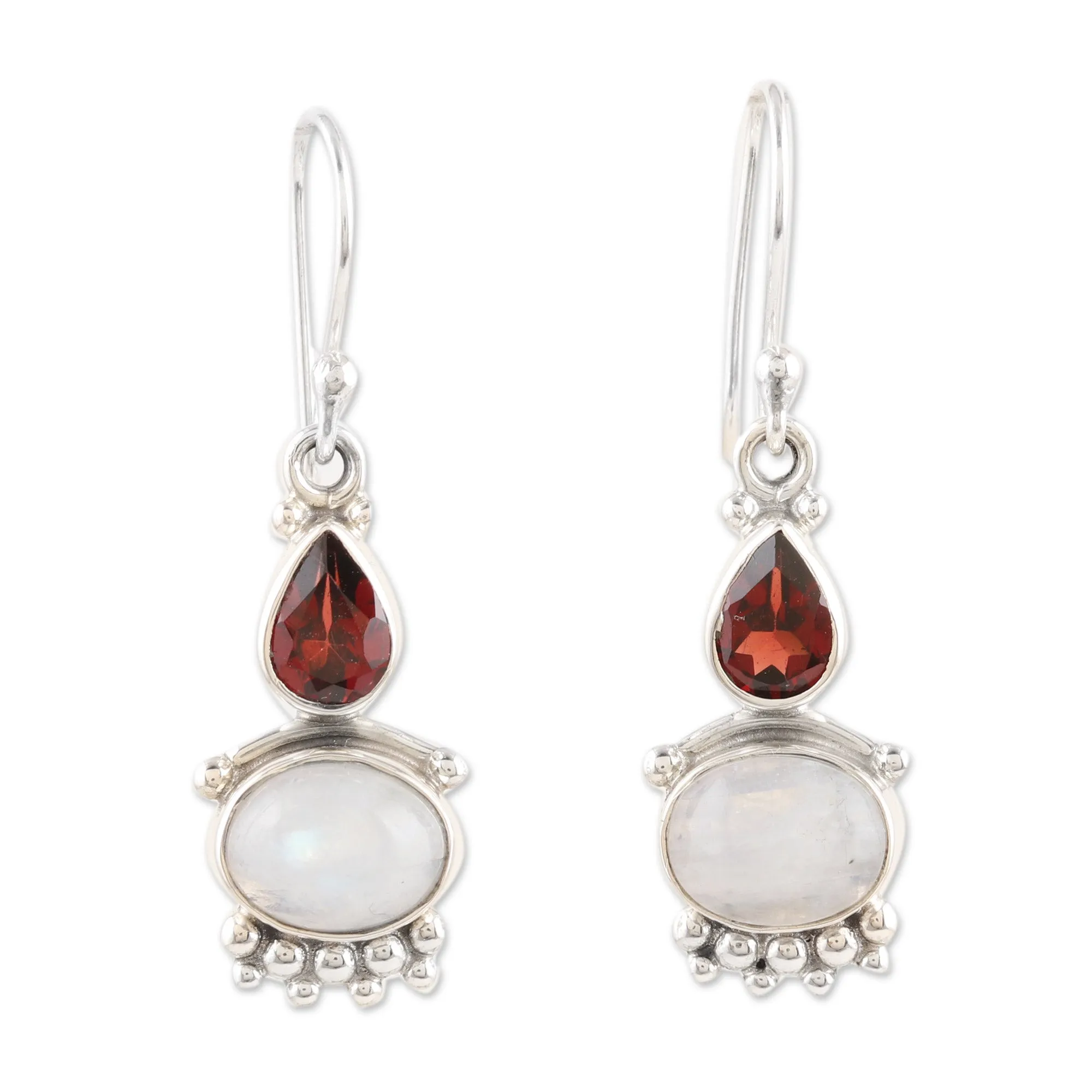 Rainbow Moonstone & Garnet Sterling Silver Dangle Earrings - Dual Love | NOVICA