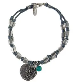 Rectangular Hishi Bead and Knotted Wax Linen Bracelet with Coin and Turquoise Ball